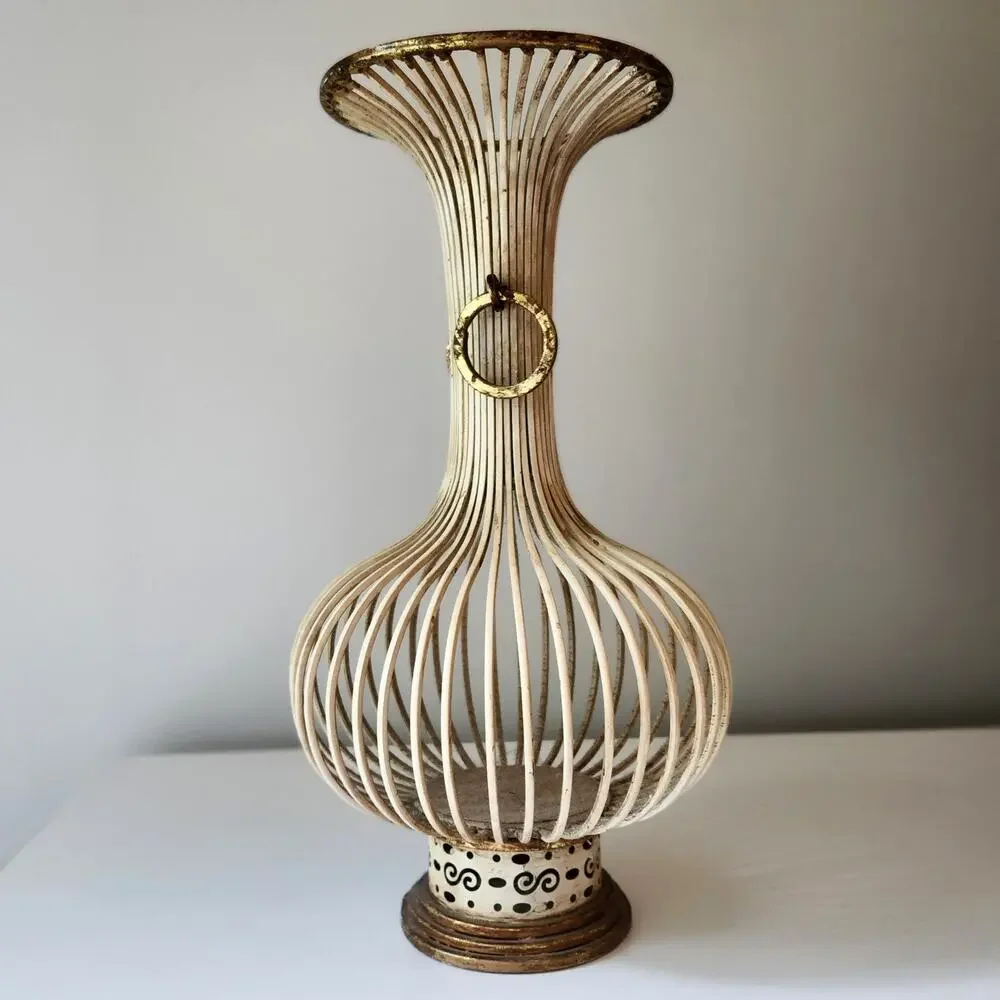 Decorative Distressed Ivory & Brass Metal Open Cage Vase with Vintage Aesthetic
